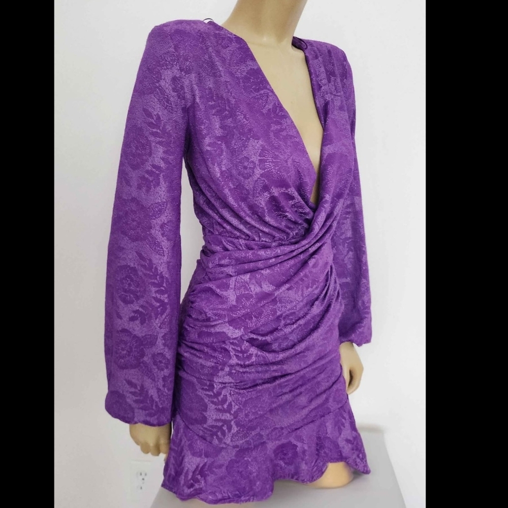 Zara Size S Small Brocade Purple Ruffle Edge Mini Dress Long Sleeves Beautiful